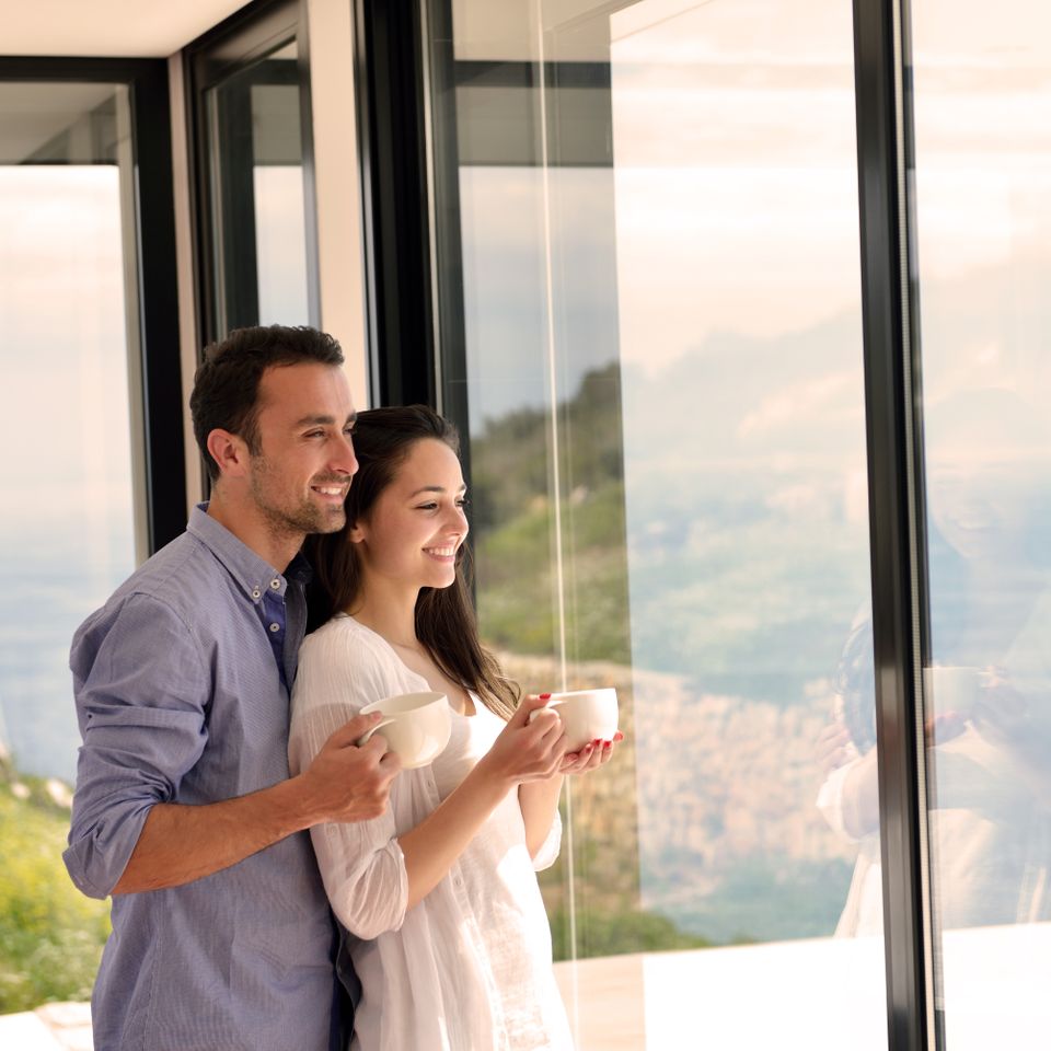 romantic happy young couple relax at modern home indoors